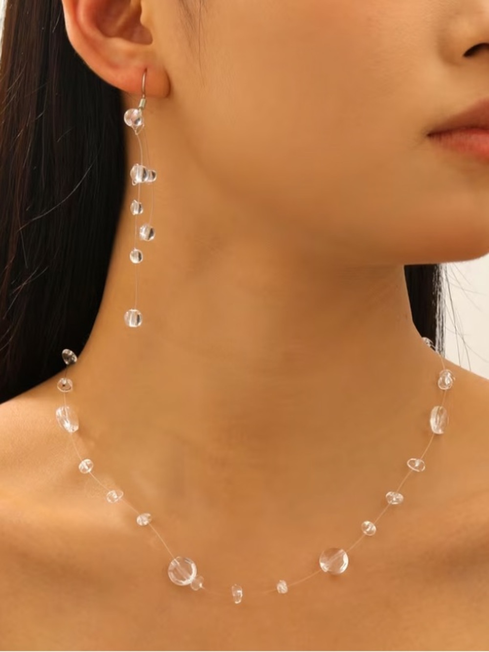 Floating Clear Drop Jewelry Set Necklace & Long Earrings New